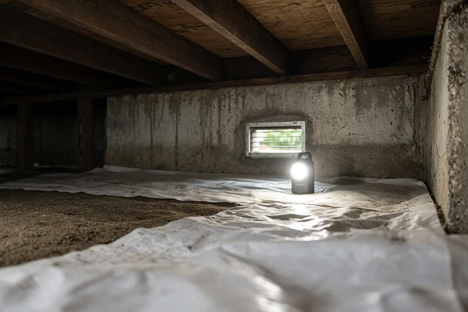 Crawl space joists, vapor barrier and foundation vent lit for inspection