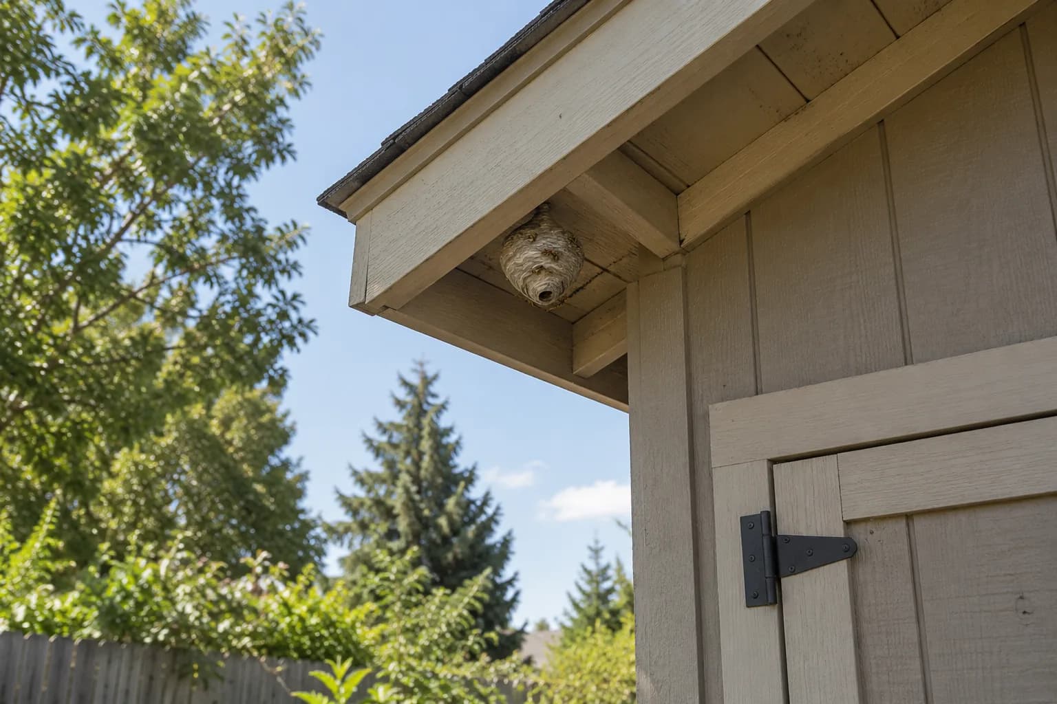 Paper nest beneath a shed eave viewed from a distance