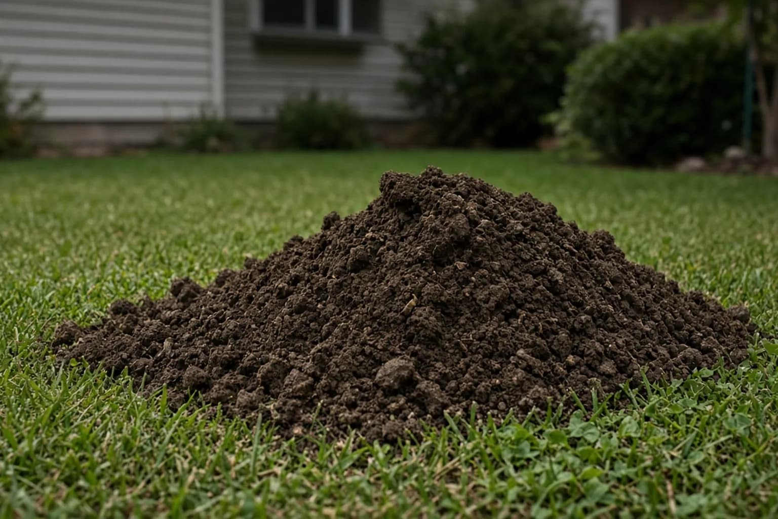 Fresh fan-shaped soil mound in a lawn