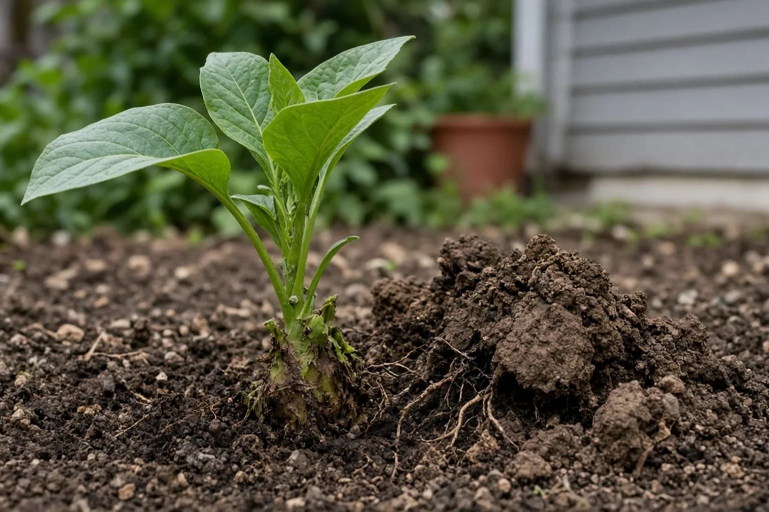 Gopher damage at the base of a garden plant