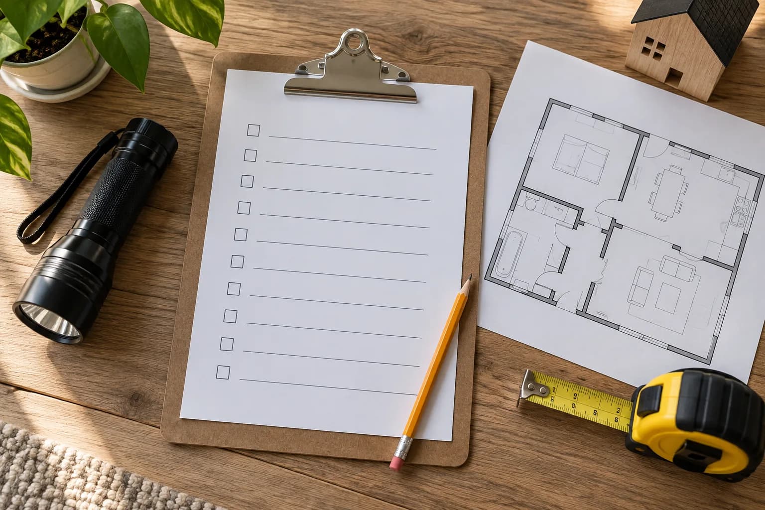 Blank inspection checklist, floor plan and inspection tools