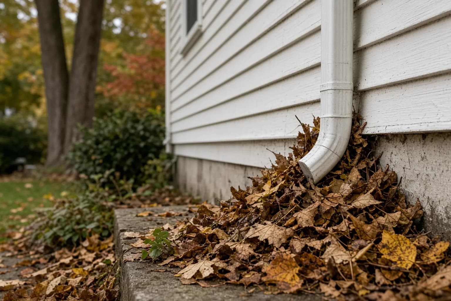 Autumn leaves gathered against a house foundation and downspout